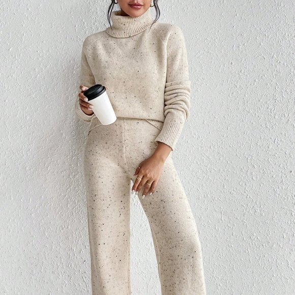 Multicolor Casual Womens Turtleneck Drop Shoulder Sweater & Knit Pants - Picture 1 of 5